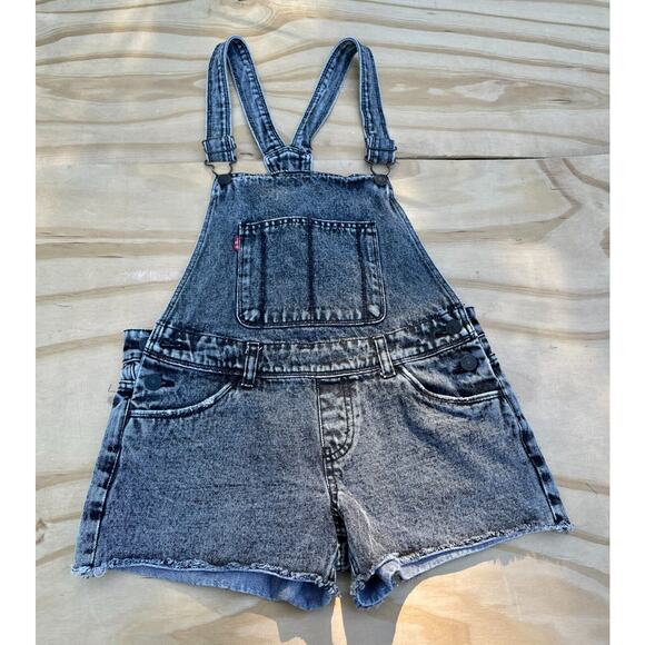 Levi's Shorts Overalls Shortall‎ Bib Denim Distressed Medium Wash Size 14 Reg - Picture 1 of 9